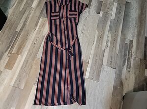 Atmosphere Blue and Orange Striped Button Down Maxi Shirt Dress
